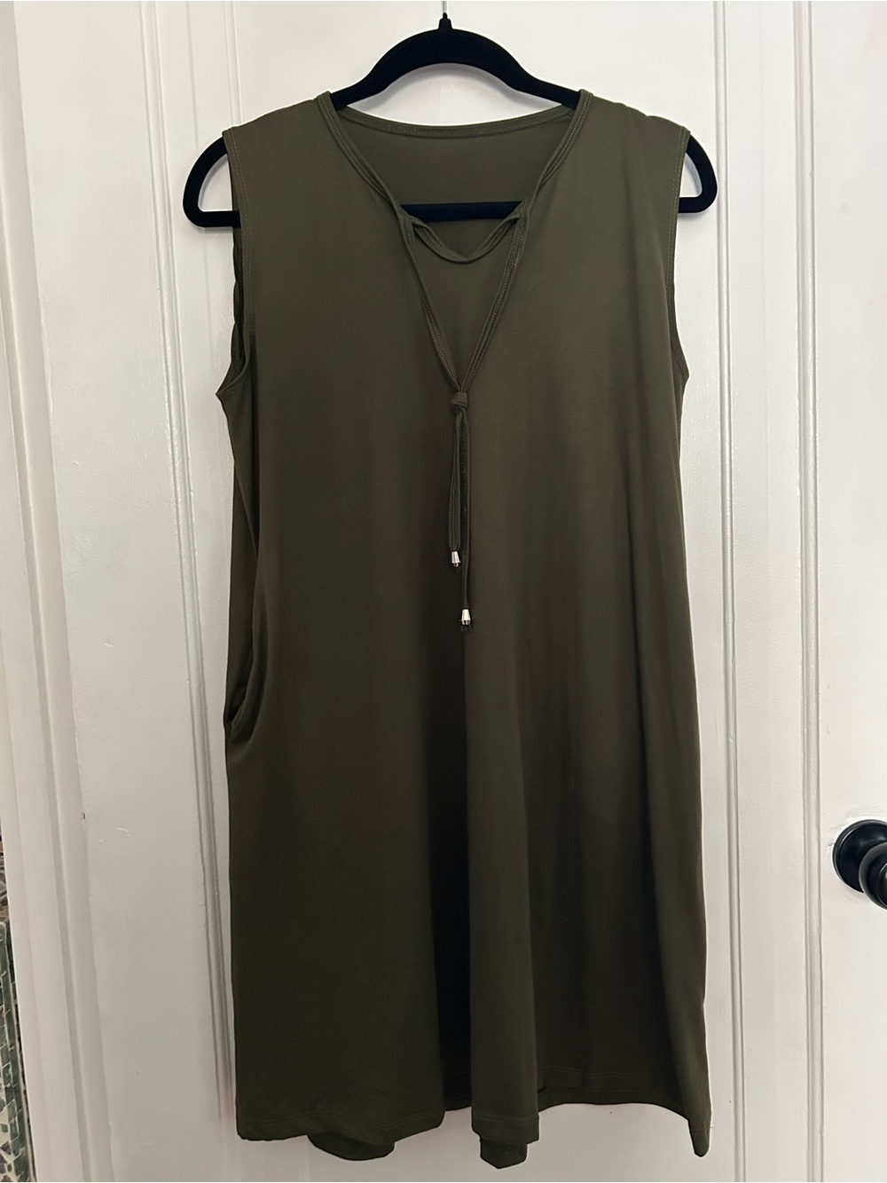 Sleeveless Olive Green Tie-Neck Tunic Dress